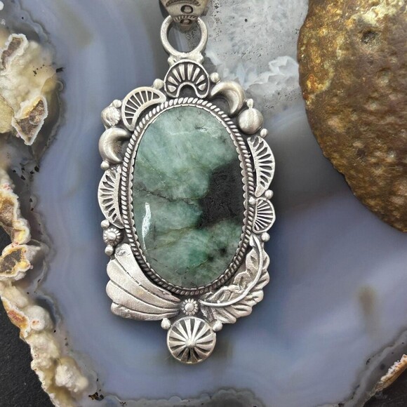 Sterling Silver Southwestern Style Oval Emerald Decorated Pendant For Women #1 - Picture 6 of 10